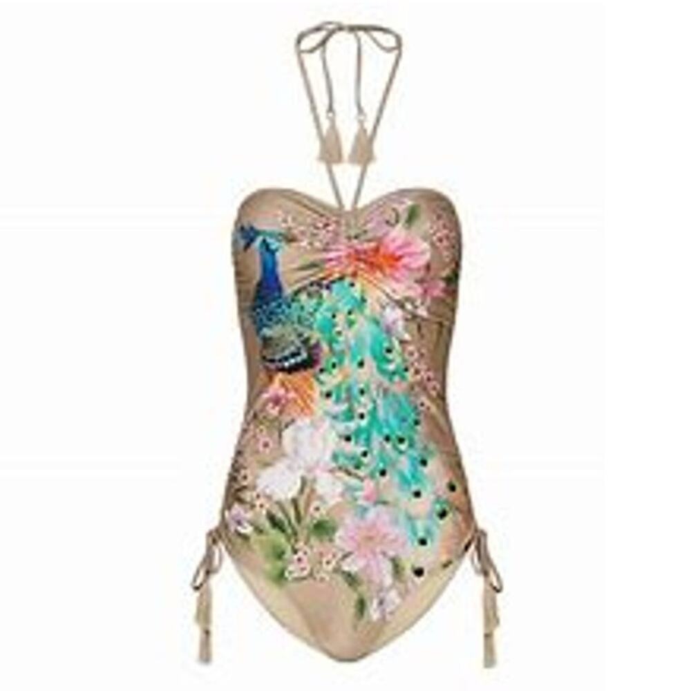 Spell & the Gypsy NWOT Waterfall Taupe One Piece Swimsuit w Halter Top More... M